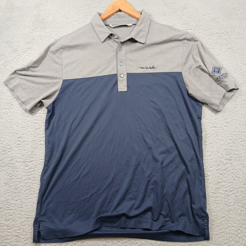 TravisMathew Golf Polo Men's L Gray‎ Blue Colorblock Short Sleeve Performance